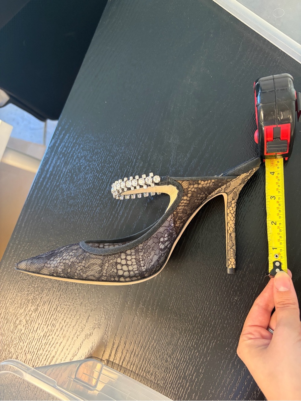 Jimmy Choo Bing 65 Black Lace Heels with Glitter Strap, Size 9, Never Worn - Picture 7 of 7